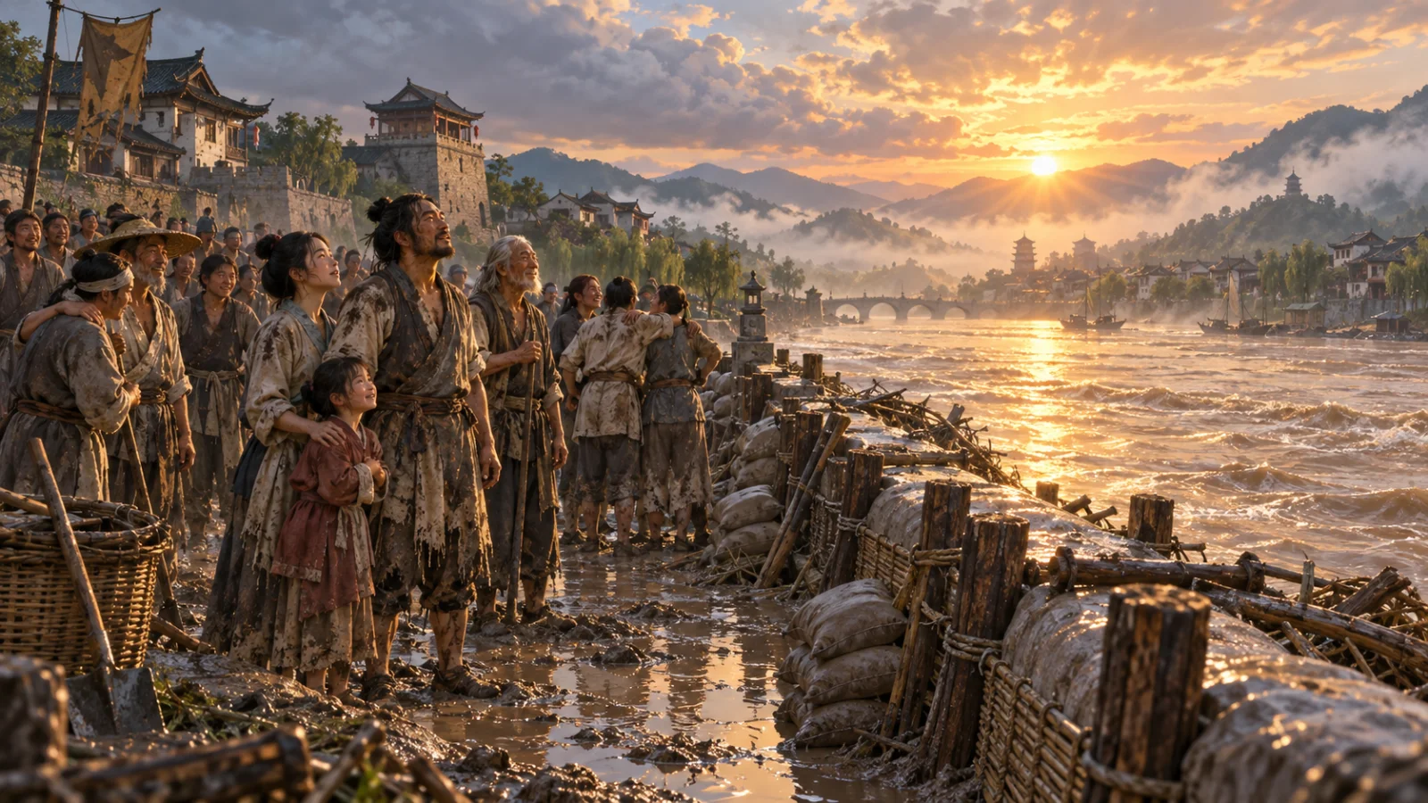Bình minh trên bờ đê an toàn, người dân mệt nhưng đứng cùng nhau sau mưa
