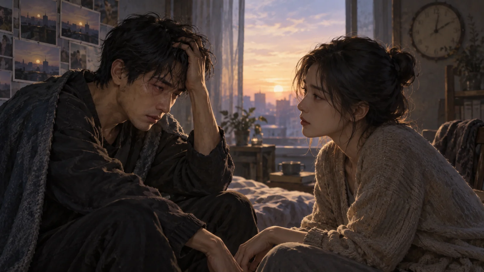 Hai người bạn đối diện nhau trong ánh sáng ban mai, một người mang vẻ mệt mỏi sau nhiều vòng lặp