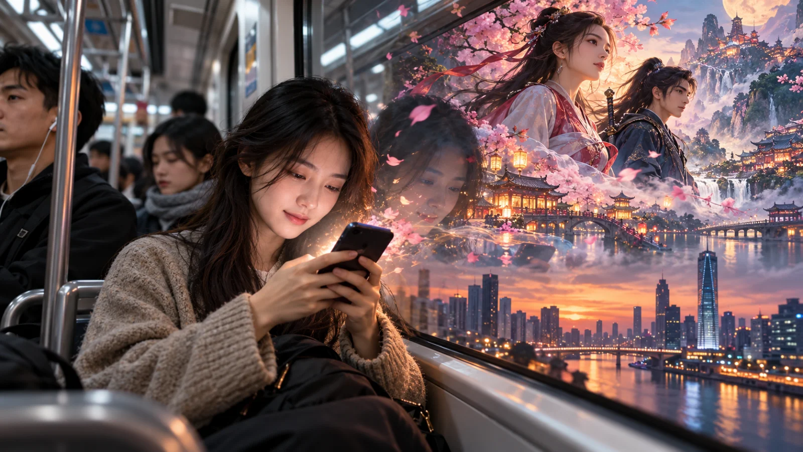 Người đi tàu điện đọc truyện trên điện thoại