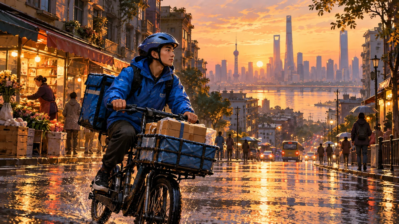 Người giao hàng đi qua phố lúc bình minh trong tranh minh họa