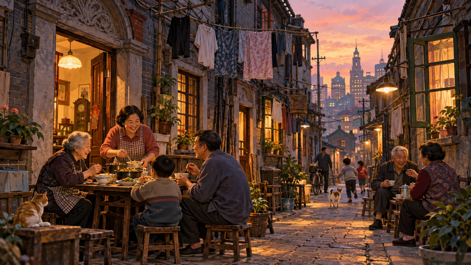 Hàng xóm trò chuyện trong con ngõ Thượng Hải qua tranh minh họa