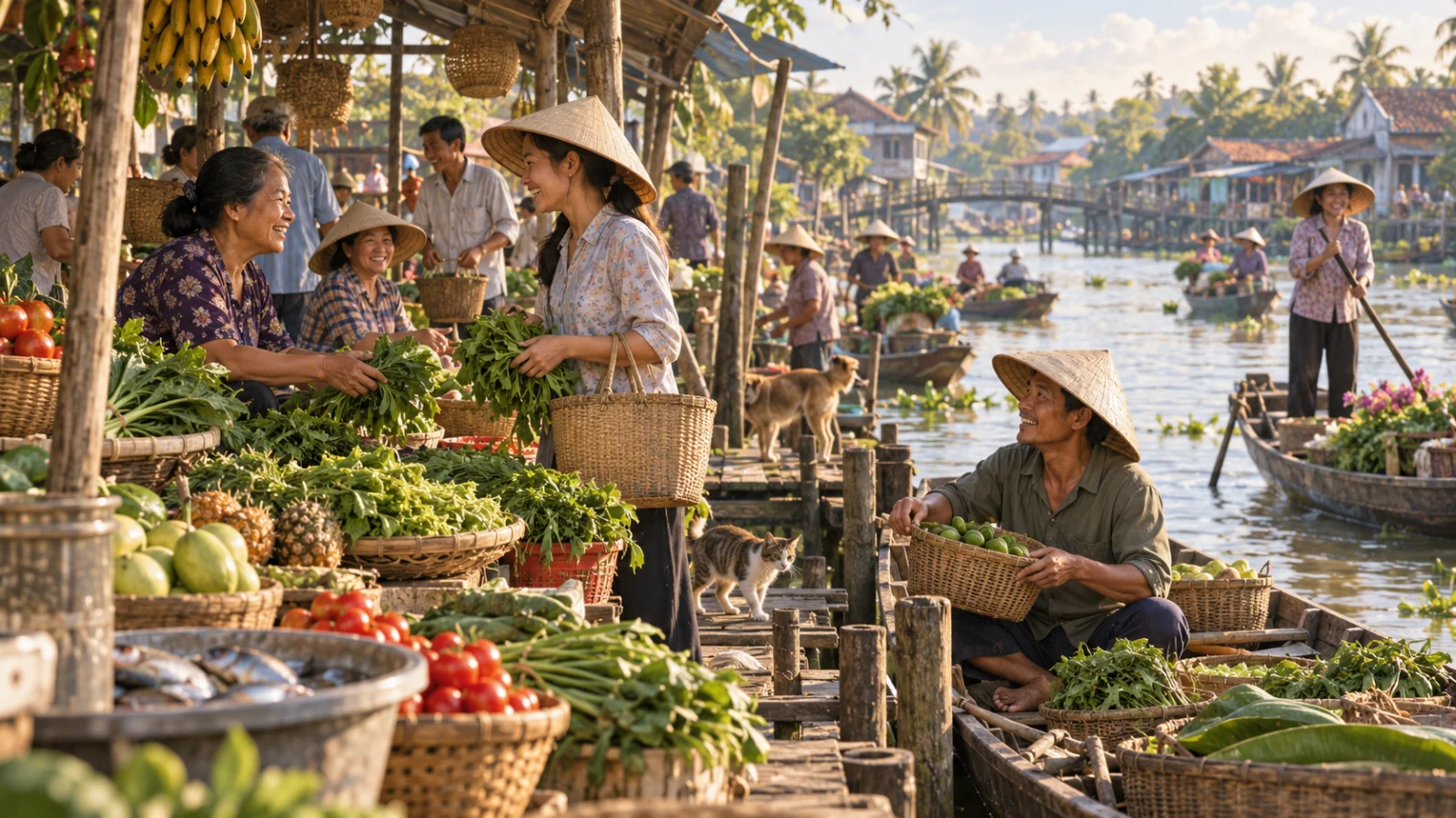 Bến đò làng quê và bà bán nước trò chuyện với người trở về