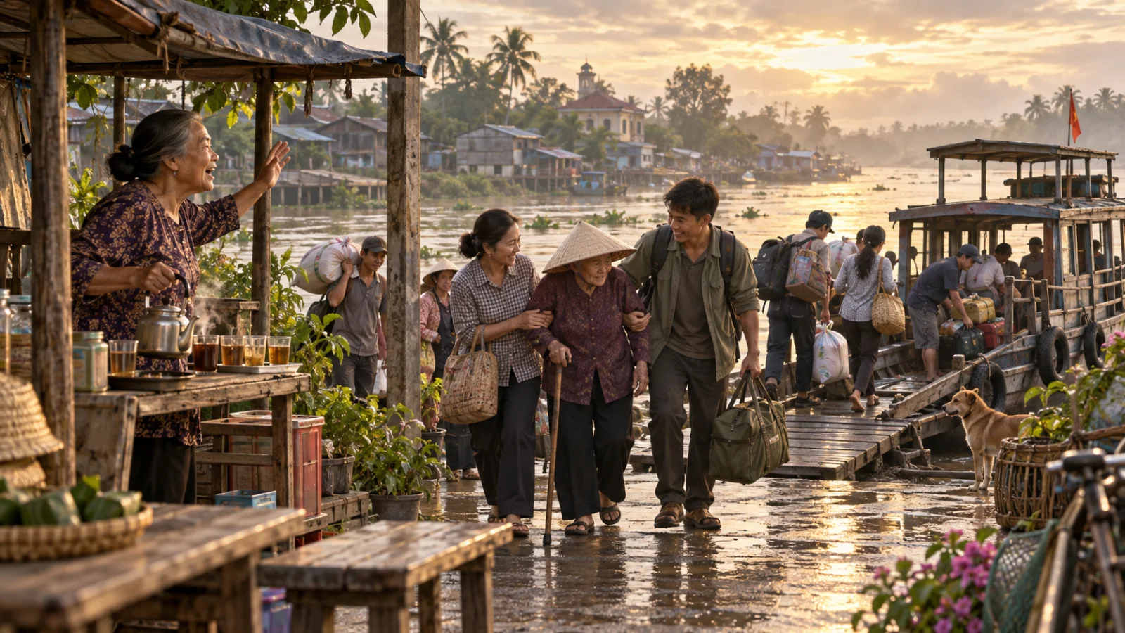 Người dân làng cùng chuẩn bị rời bến đò trước mùa nước lớn