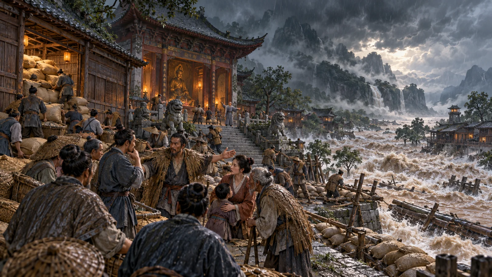Ngôi đền ven sông và dân làng chuẩn bị trước mùa lũ trong truyện kỳ ảo