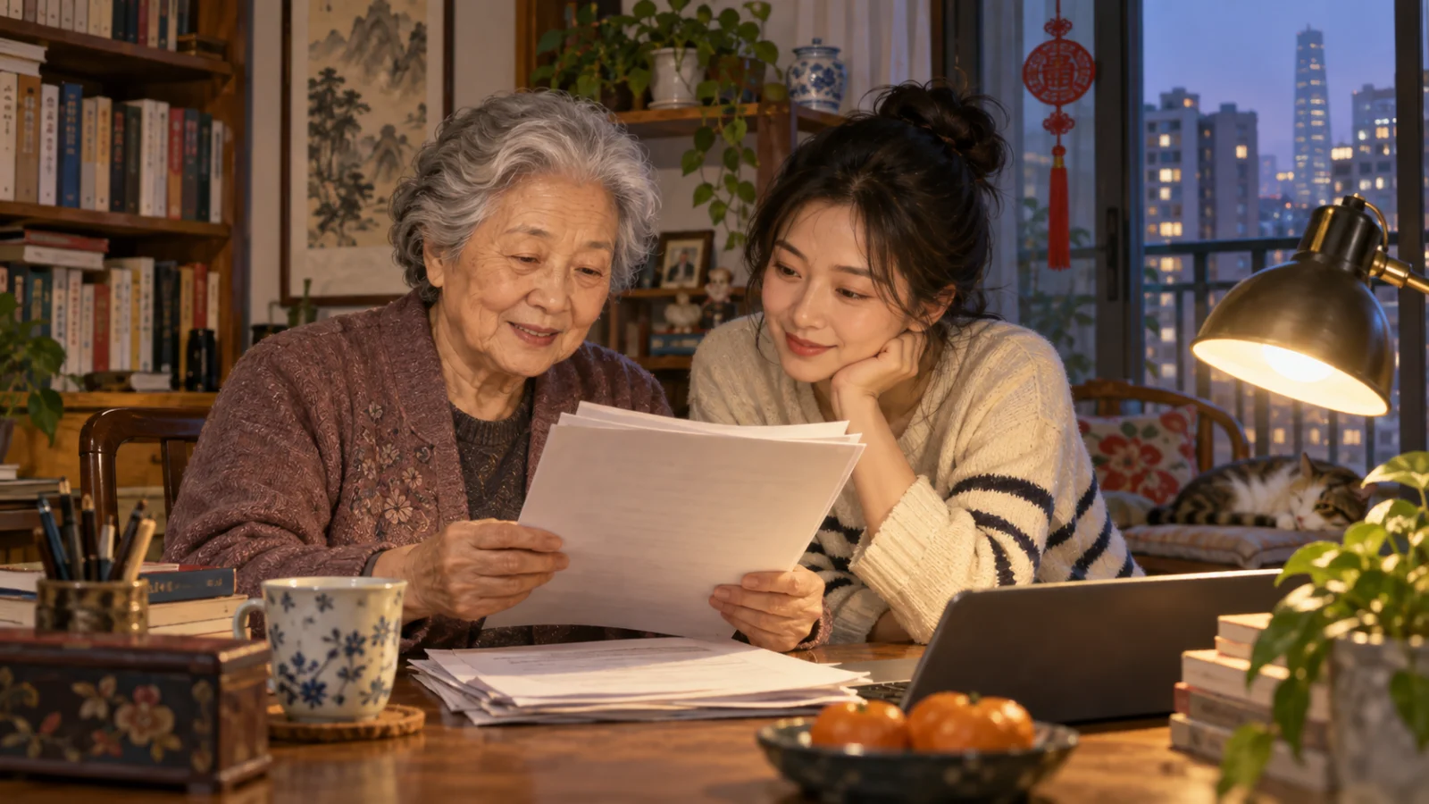 Người trẻ và người lớn tuổi cùng đọc bản thảo dưới đèn bàn