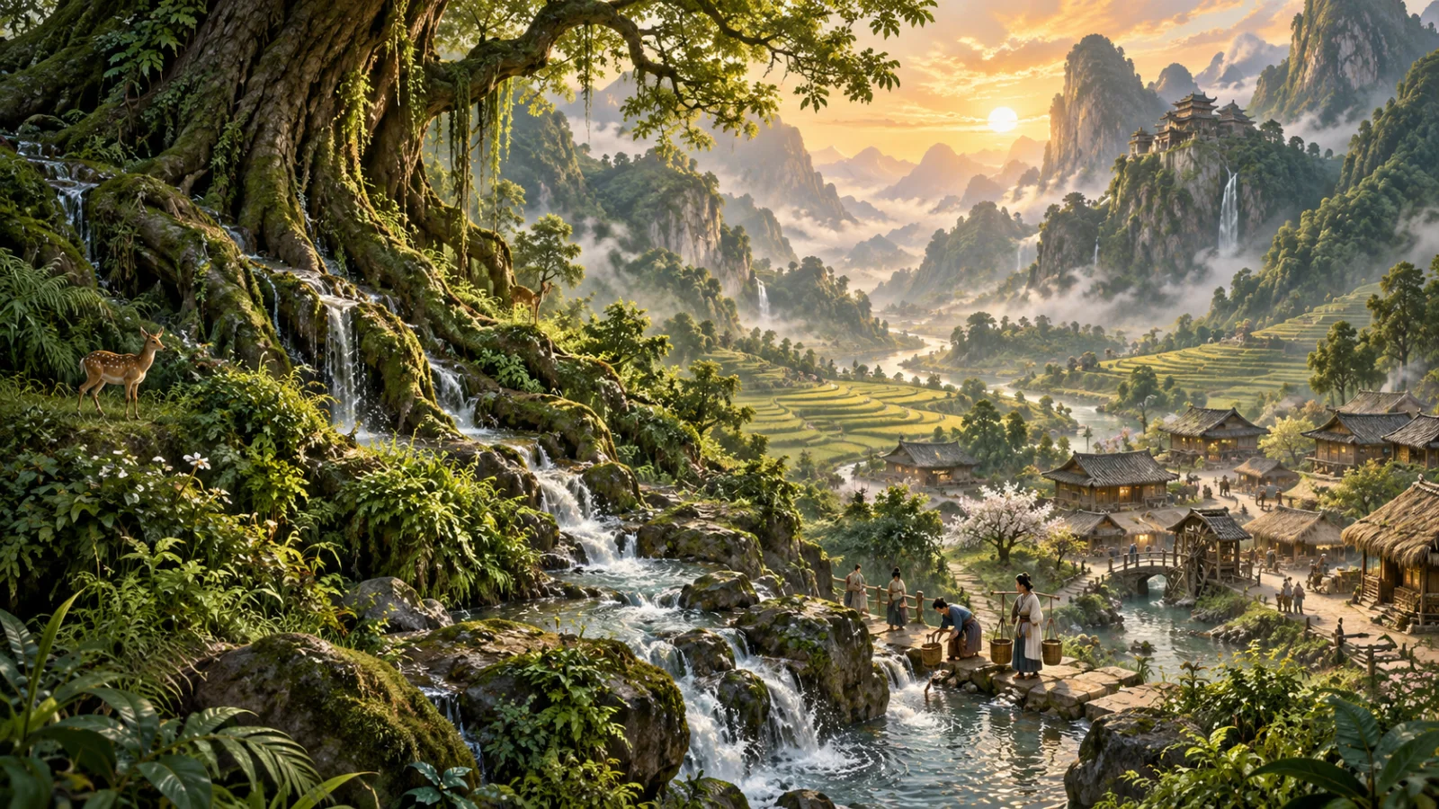 Người tu tiên đứng trước cây cổ thụ trong rừng sương
