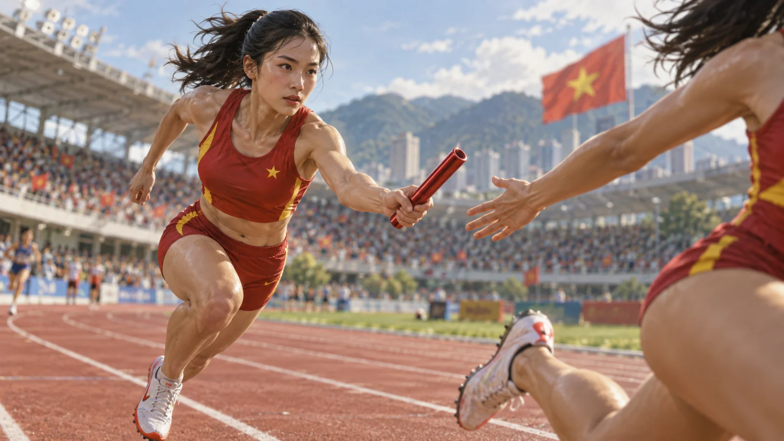 Cận cảnh nữ vận động viên tăng tốc trong vùng trao gậy trên đường chạy