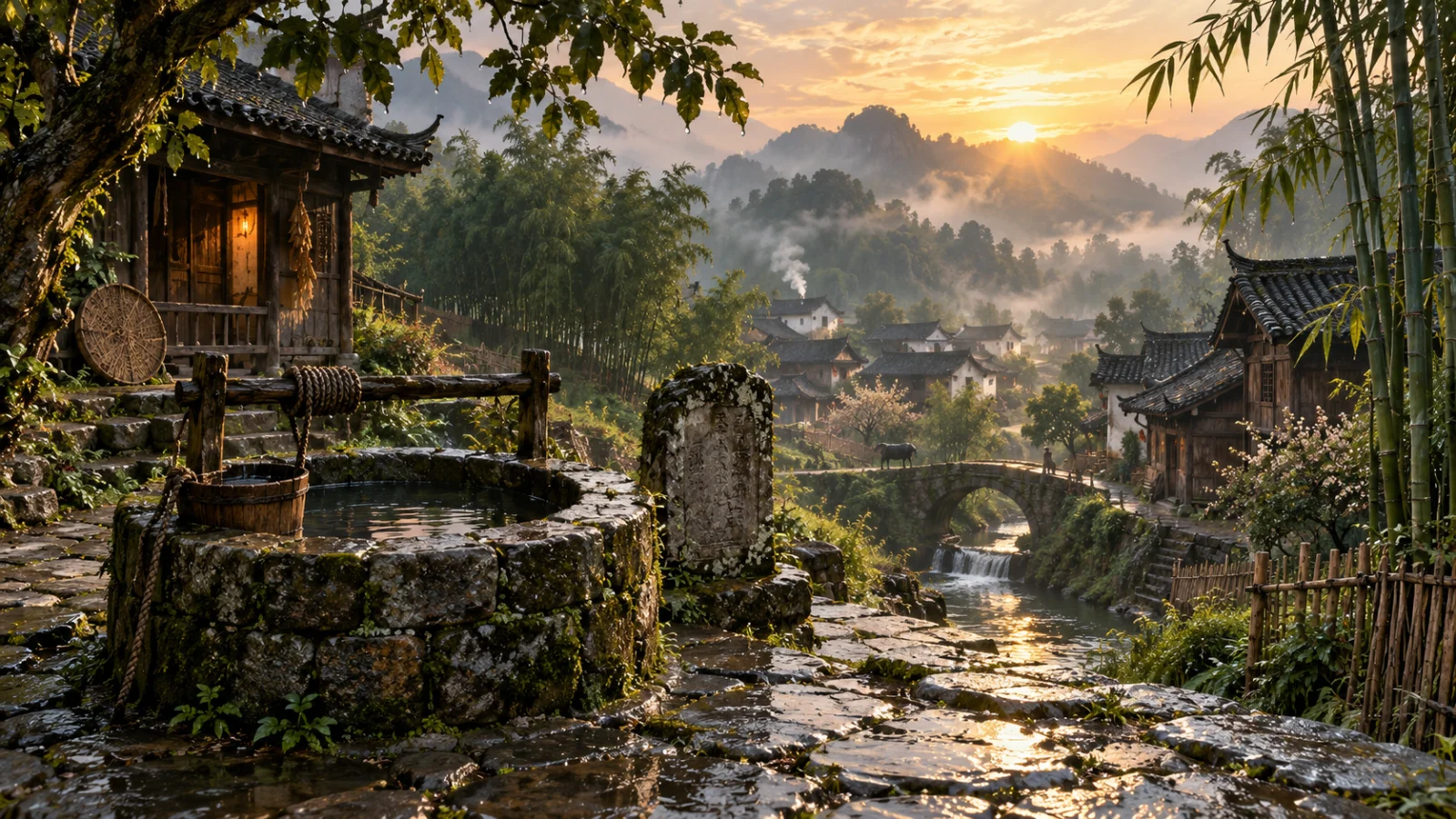 Giếng làng trong ánh bình minh sau mưa, mặt nước yên và bia đá được làm sạch