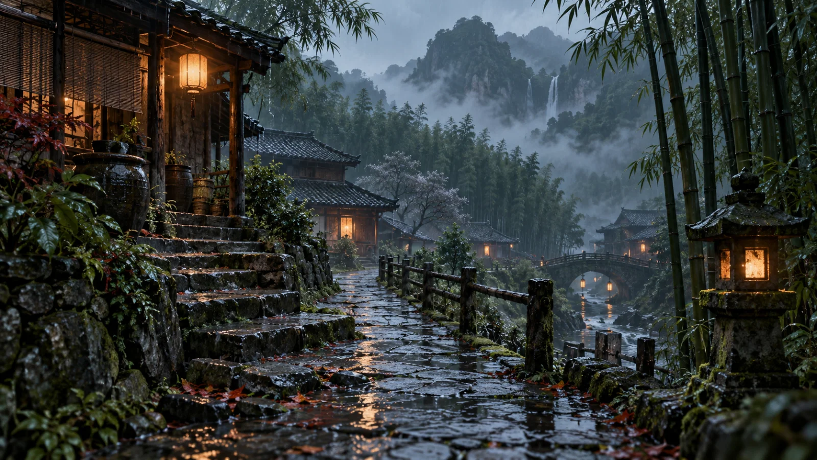 Con đường làng ướt mưa dẫn vào rừng tre phủ sương
