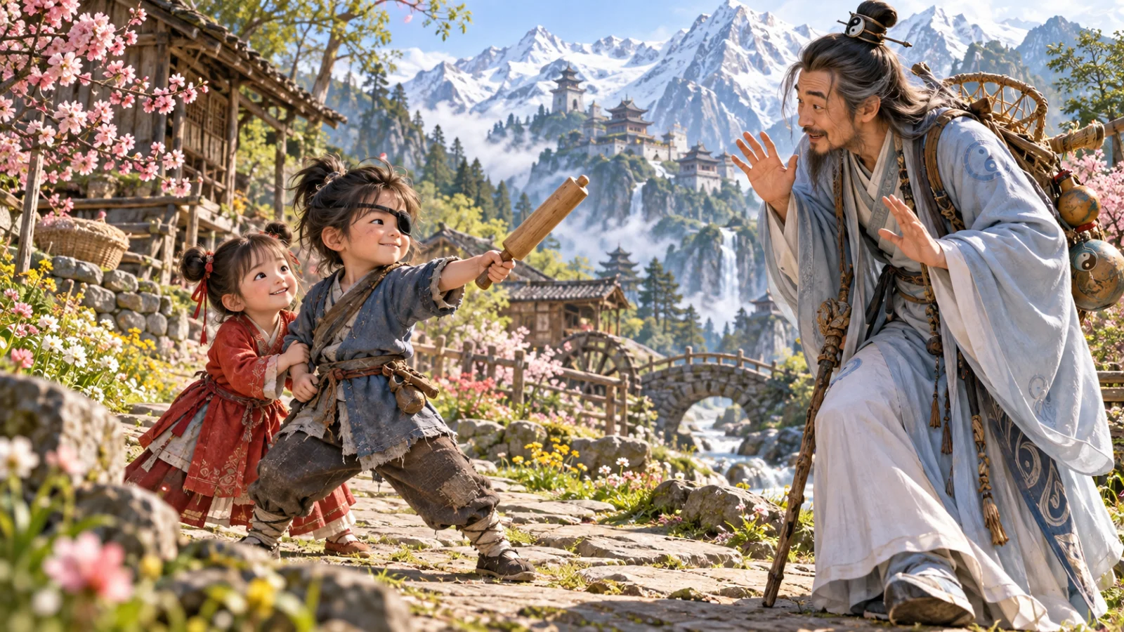 Lâm Tiểu Lộc và Tiểu Ngọc Nhi giả làm cướp trên đường làng, gặp trưởng lão Nga Mi