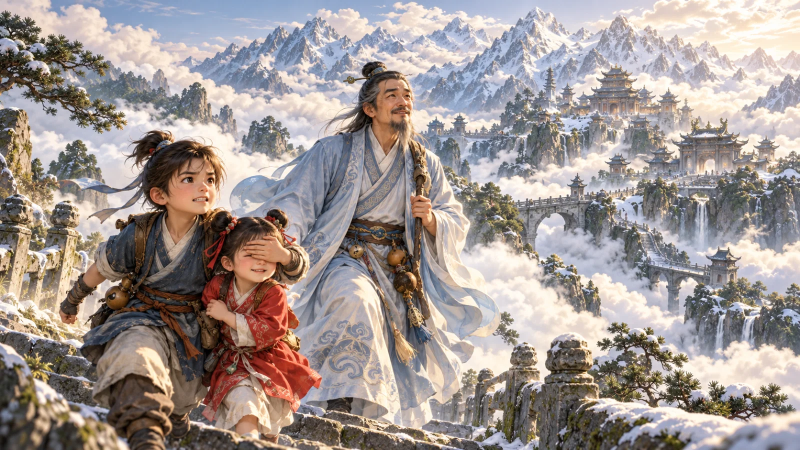 Trưởng lão Lý Minh Nho đưa hai anh em lên núi Nga Mi giữa mây trắng