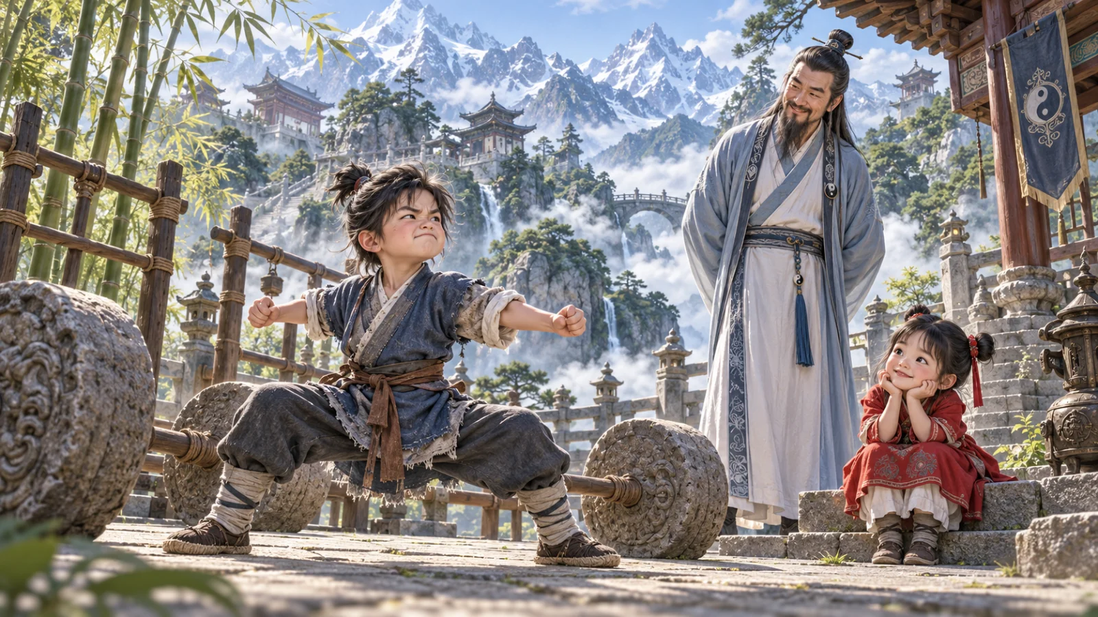 Lâm Tiểu Lộc luyện đứng tấn bên đá tảng dưới sự hướng dẫn của Lý Minh Nho