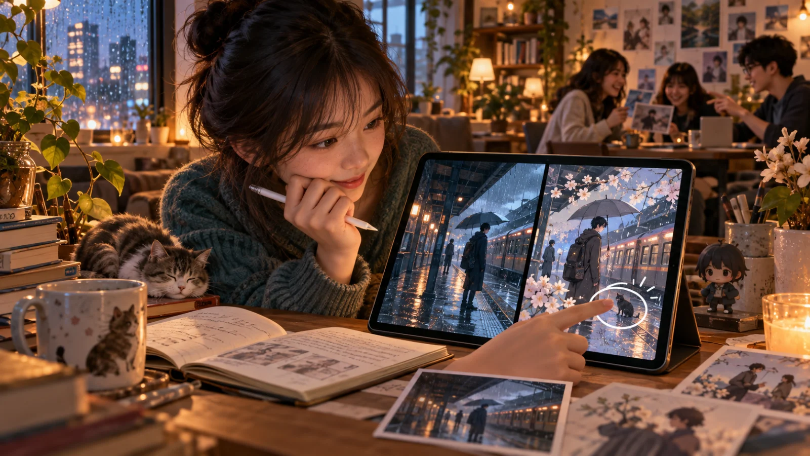 Nhóm độc giả trưng bày tranh và ghi tên người sáng tác tại góc đọc sách