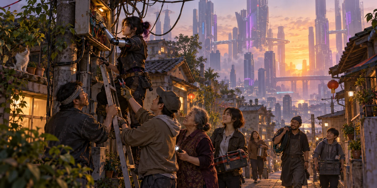 Những người dân cùng sửa mạng điện cho khu phố cyberpunk lúc bình minh
