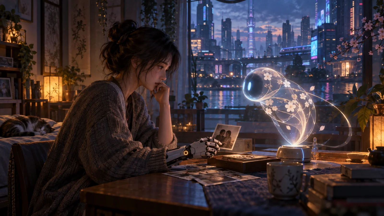 Người phụ nữ với bộ phận cơ khí ngồi đối diện trợ lý máy trong căn phòng nhỏ