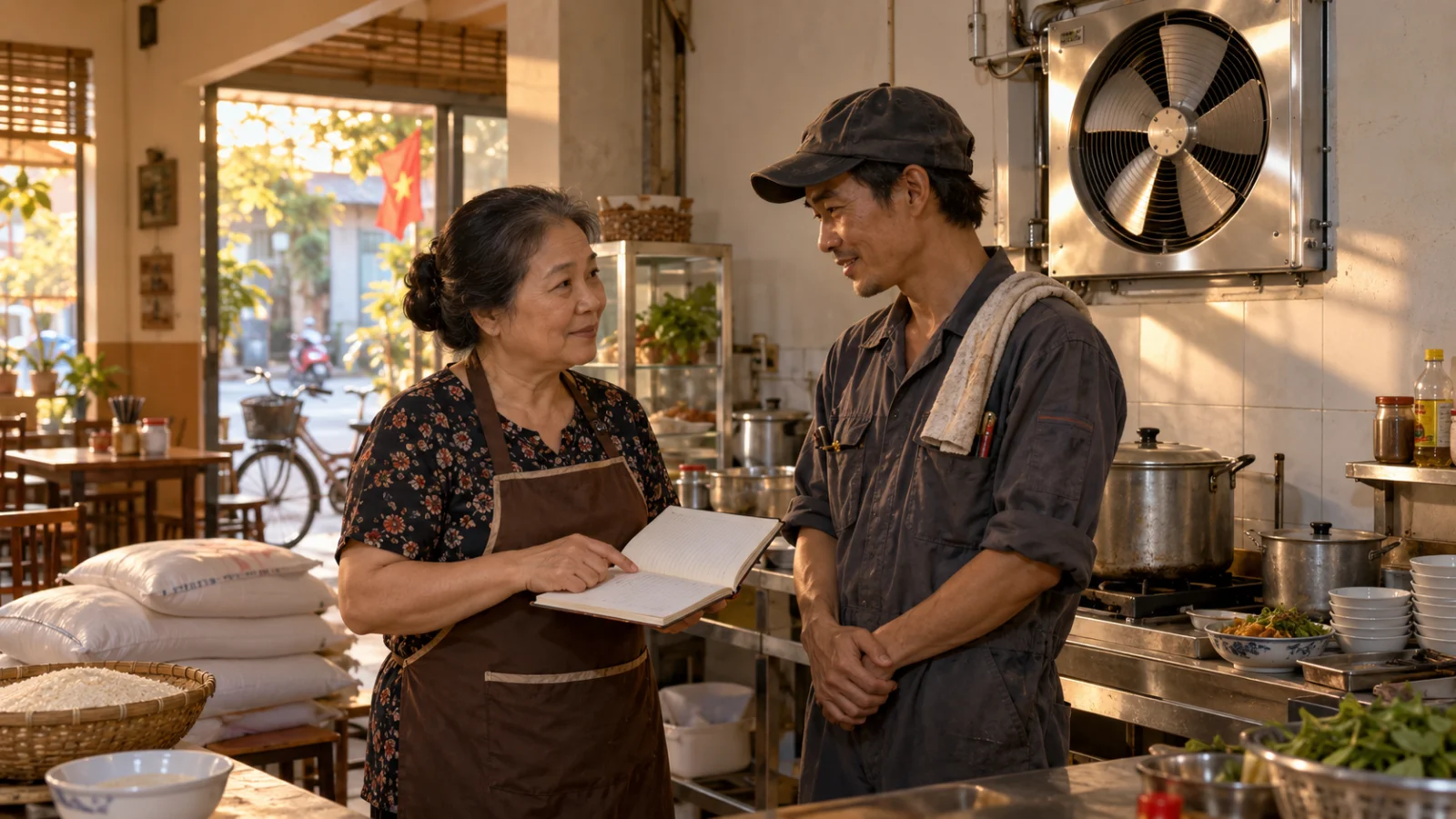 Bà chủ quán và người thợ sửa xe trao đổi sổ nợ bên bếp ăn