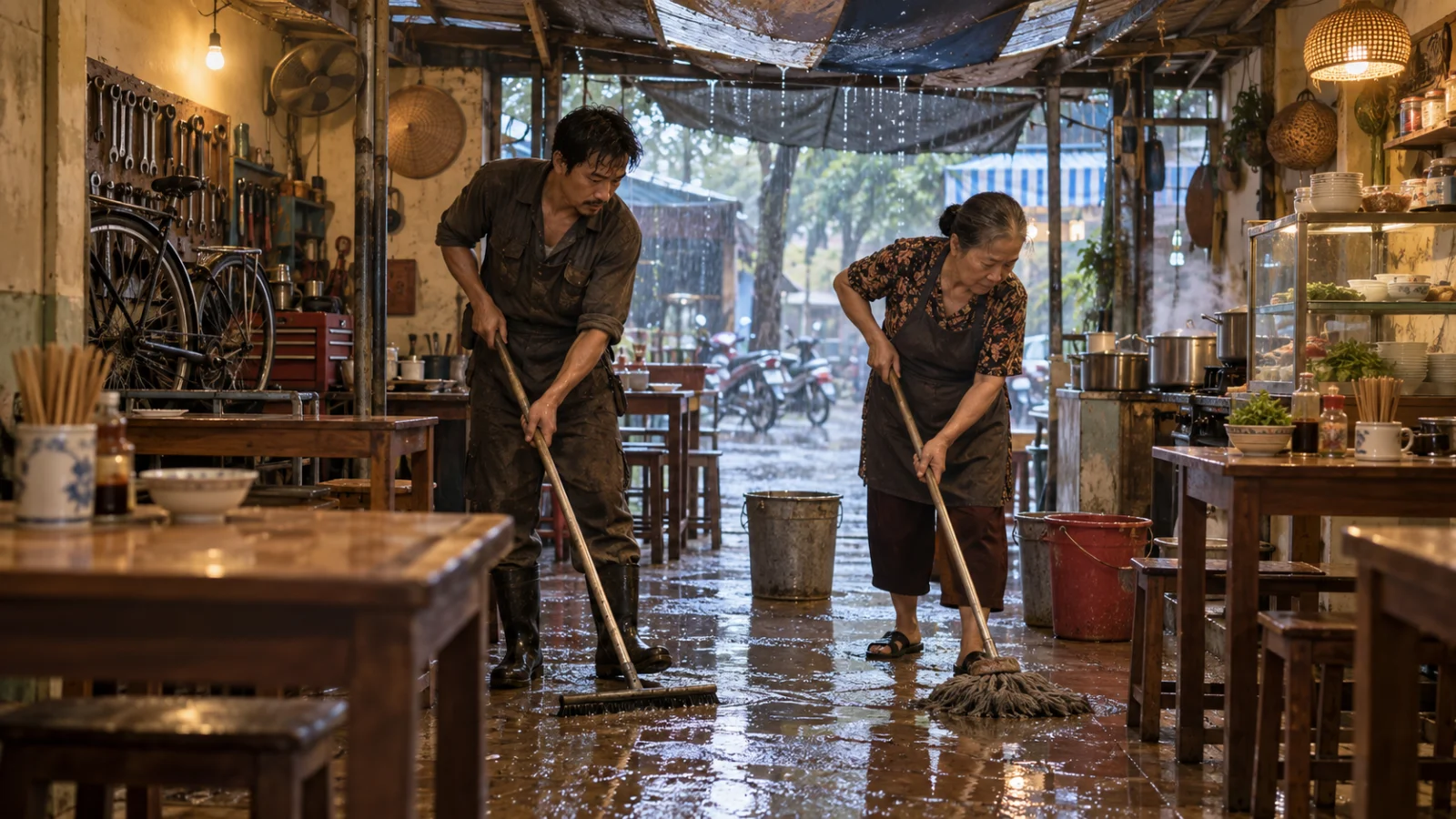 Anh thợ sửa xe dọn nước mưa trong quán cơm cùng bà chủ