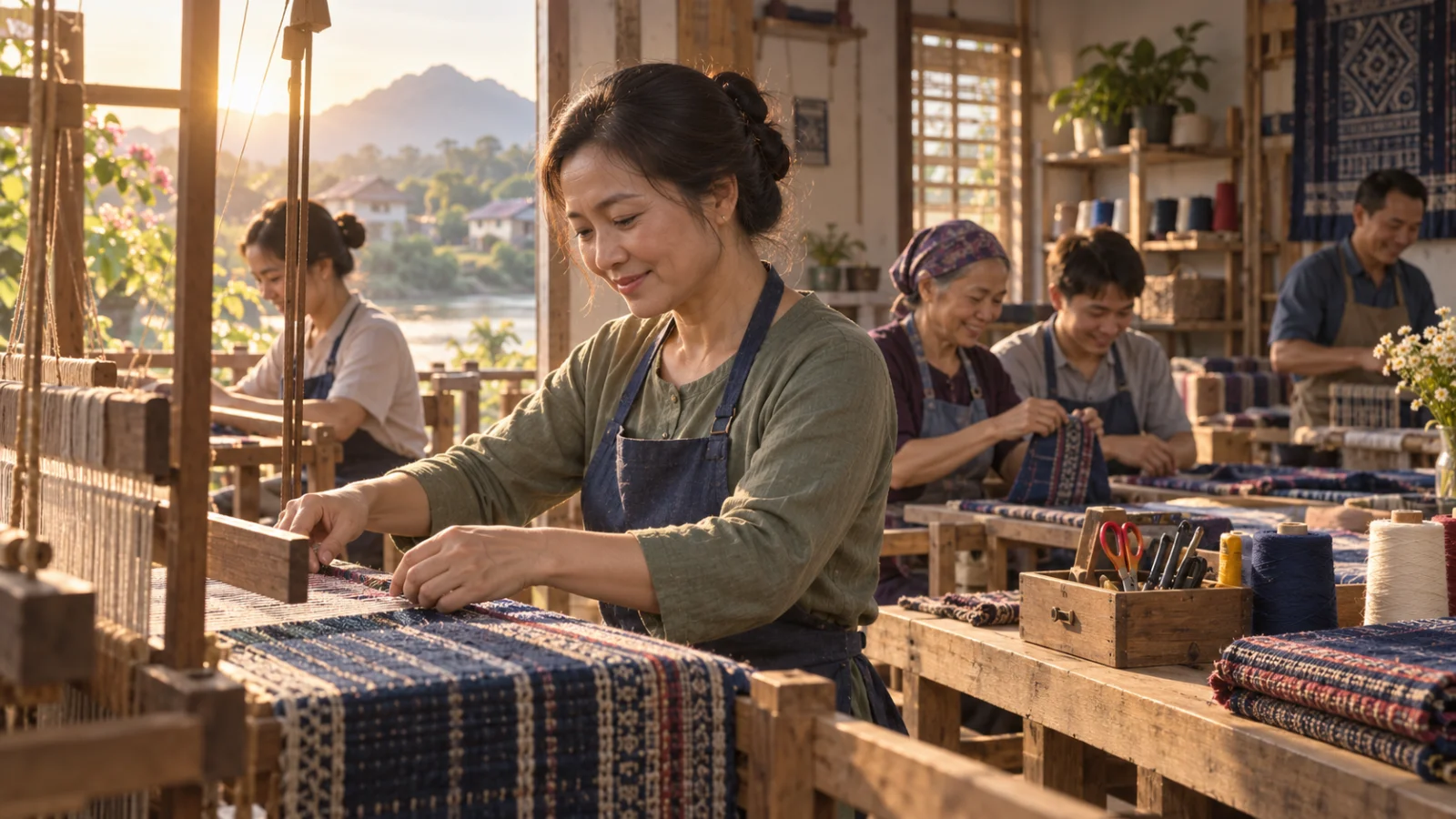 Xưởng dệt nhỏ sáng đèn với nhóm thợ nhiều thế hệ cùng làm việc