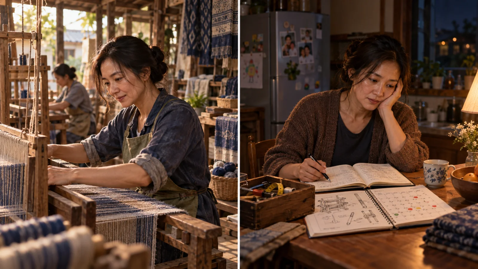 Người phụ nữ kiểm tra máy dệt cũ cùng thợ trẻ trong xưởng