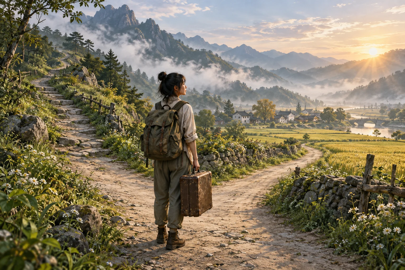 Người lữ hành đứng ở ngã rẽ giữa núi và đồng quê