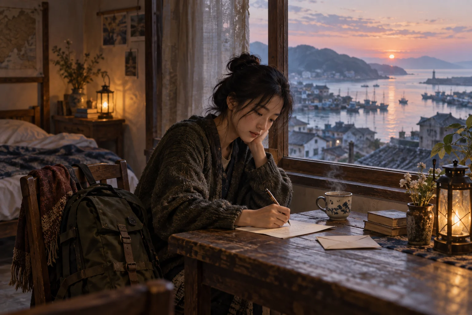 Người lữ hành ngồi bên cửa sổ quán trọ và viết một lá thư