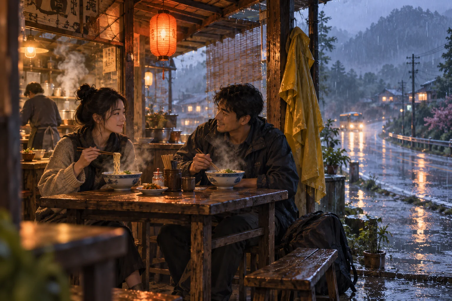 Hai người xa lạ chia bữa ăn dưới mái quán ven đường