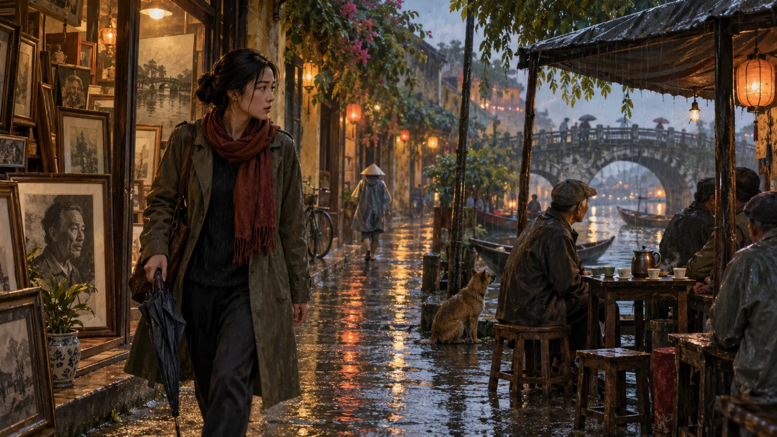 Cô gái tìm cha bên tiệm khung tranh và quán nước trong mưa