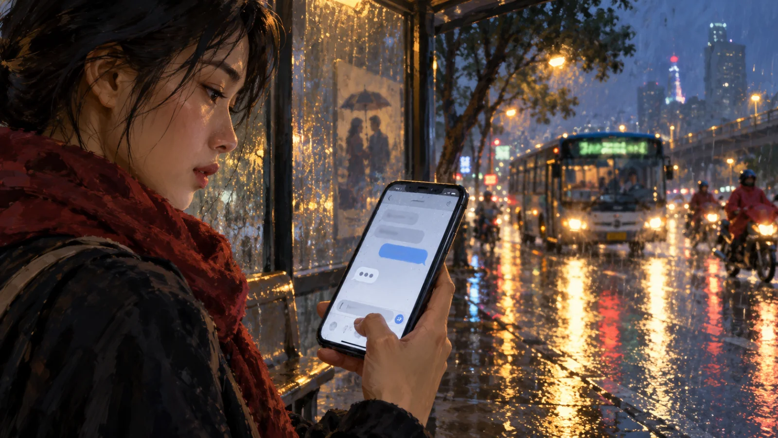 Cô gái nhìn bản nháp tin nhắn trên điện thoại giữa trời mưa