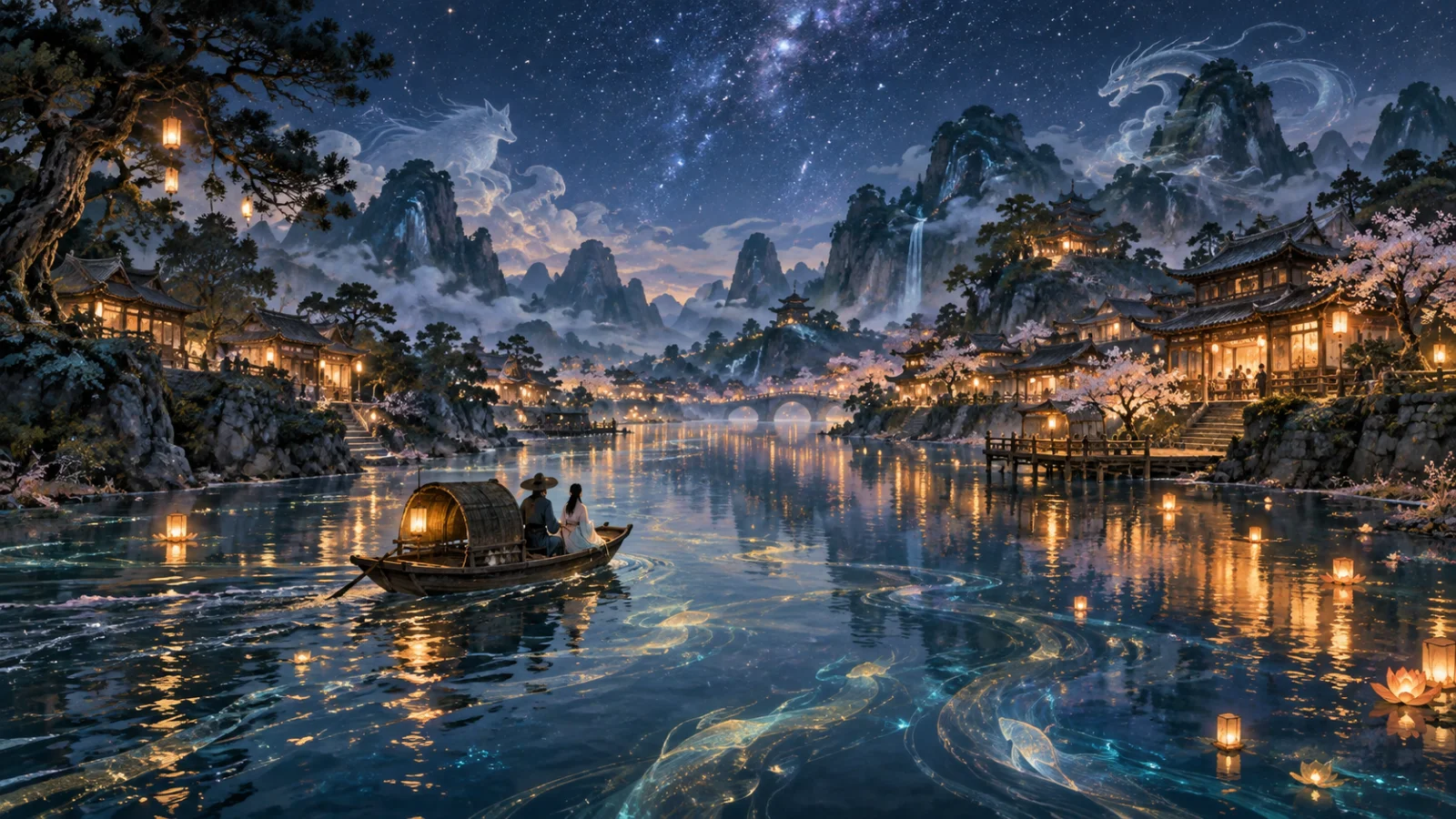 Người trẻ và cụ già đứng trước ngôi miếu cổ dưới ánh chiều