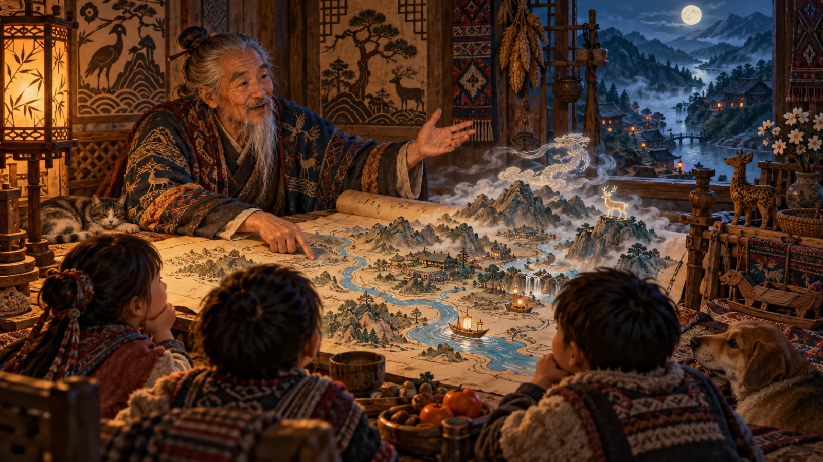 Làng cổ ven sông đêm mưa với những chiếc đèn lồng
