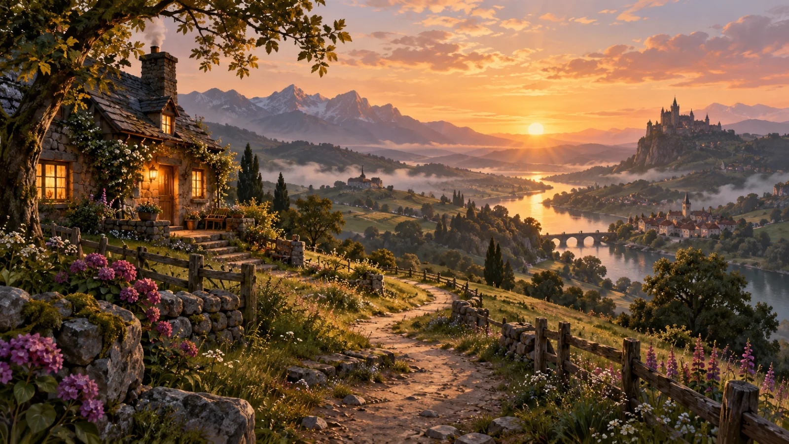 Một lối mòn dẫn ra chân trời sau ngôi nhà đã sáng đèn