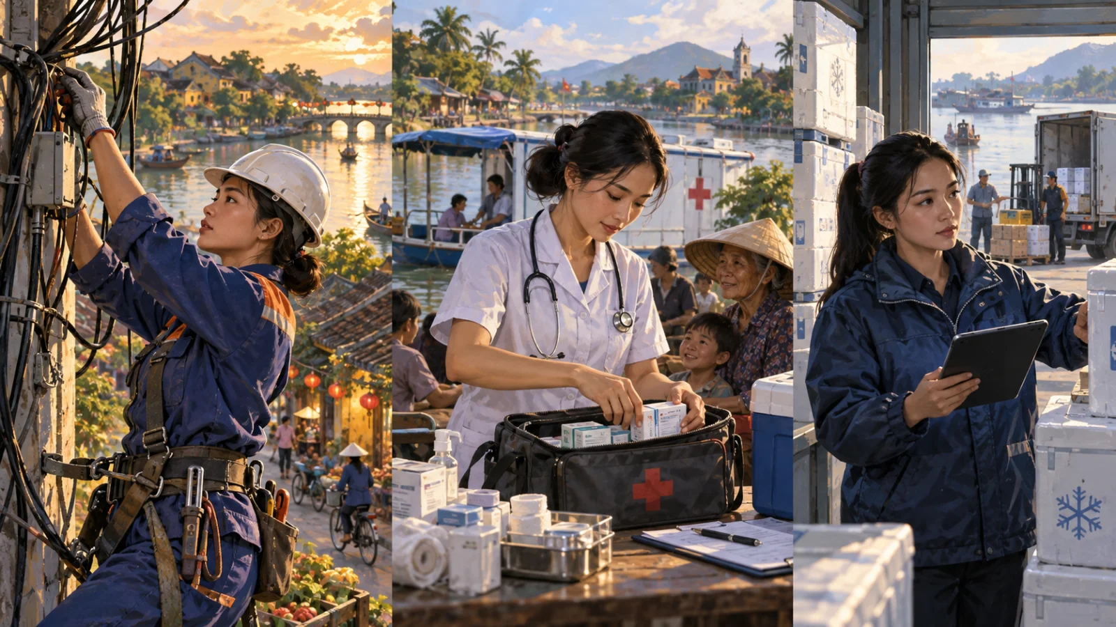 Ba phụ nữ làm ba công việc khác nhau tại thị trấn ven sông