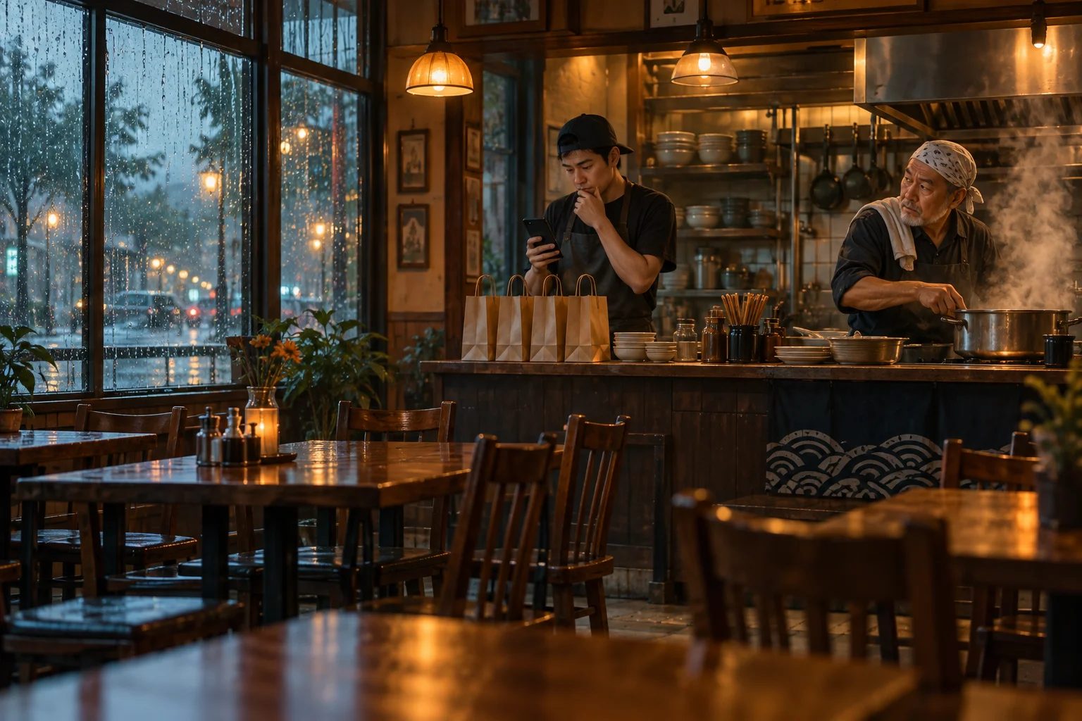 Quán ăn nhỏ vừa phục vụ tại bàn vừa chuẩn bị đơn hàng qua điện thoại